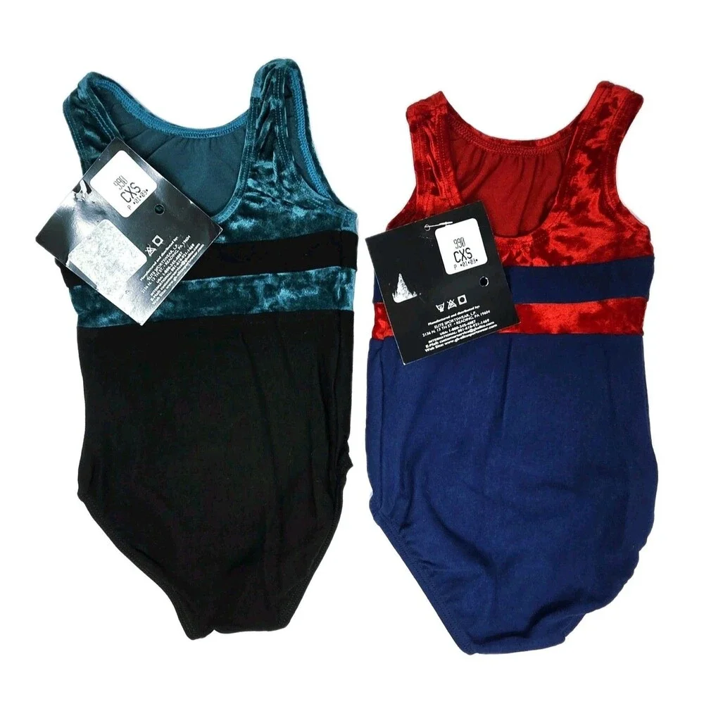 GK Elite Girls Youth 2-pack Cotton Velvet Colorblock Leotards Size CXS Child XS